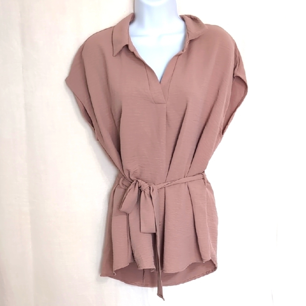White Birch Mauve Nude Cap Sleeve Tie Waist Blouse Size Small